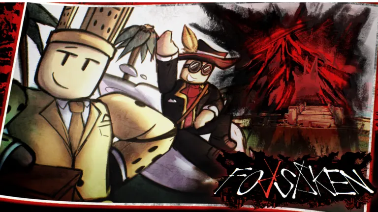Official FORSAKEN promotional artwork from the game's Roblox store page, showing two Robloxian survivors in front of a red, corrupted landscape
